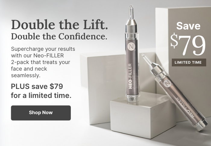 Two Neo-FILLER tubes displayed on white blocks with text reading, “Double the Lift. Double the Confidence.” It highlights a 2-pack with a limited-time $51 savings offer and a “Shop Now” button.